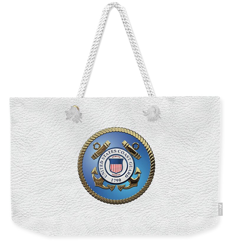 'military Insignia & Heraldry 3d' Collection By Serge Averbukh Weekender Tote Bag featuring the digital art U. S. Coast Guard - U S C G Emblem over White Leather by Serge Averbukh