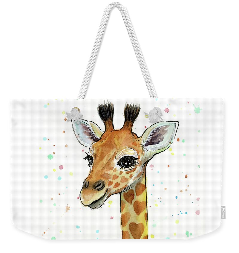 Watercolor Giraffe Weekender Tote Bag featuring the painting Baby Giraffe Watercolor with Heart Shaped Spots by Olga Shvartsur