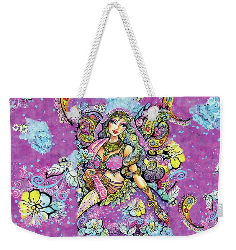 Indian Dancer Weekender Tote Bag featuring the painting Purple Paisley Flower by Eva Campbell