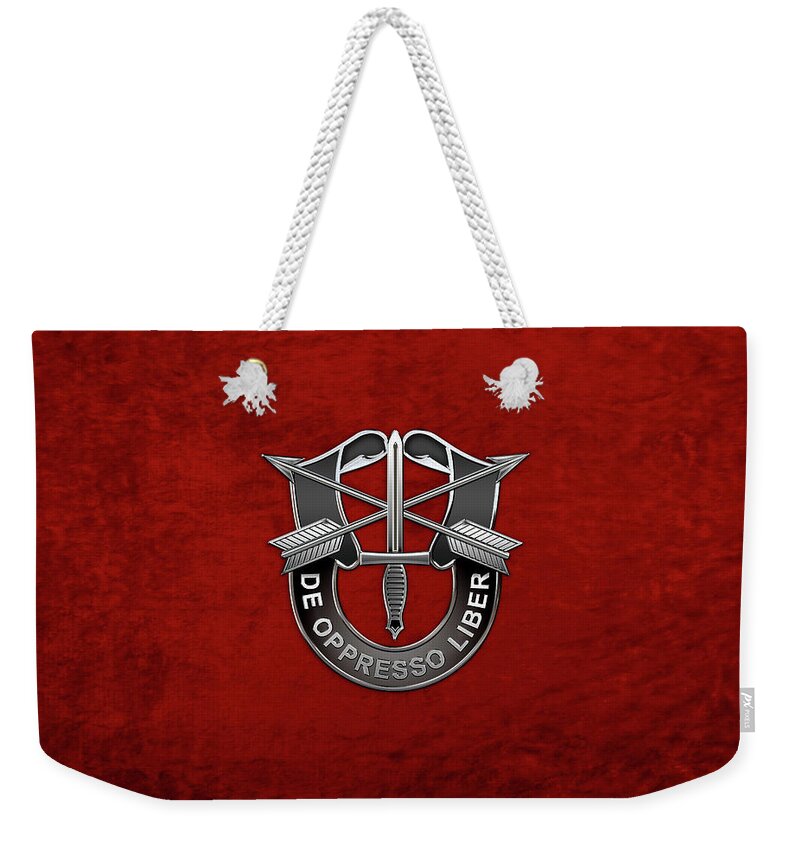 'military Insignia & Heraldry' Collection By Serge Averbukh Weekender Tote Bag featuring the digital art U. S. Army Special Forces - Green Berets D U I over Red Velvet by Serge Averbukh