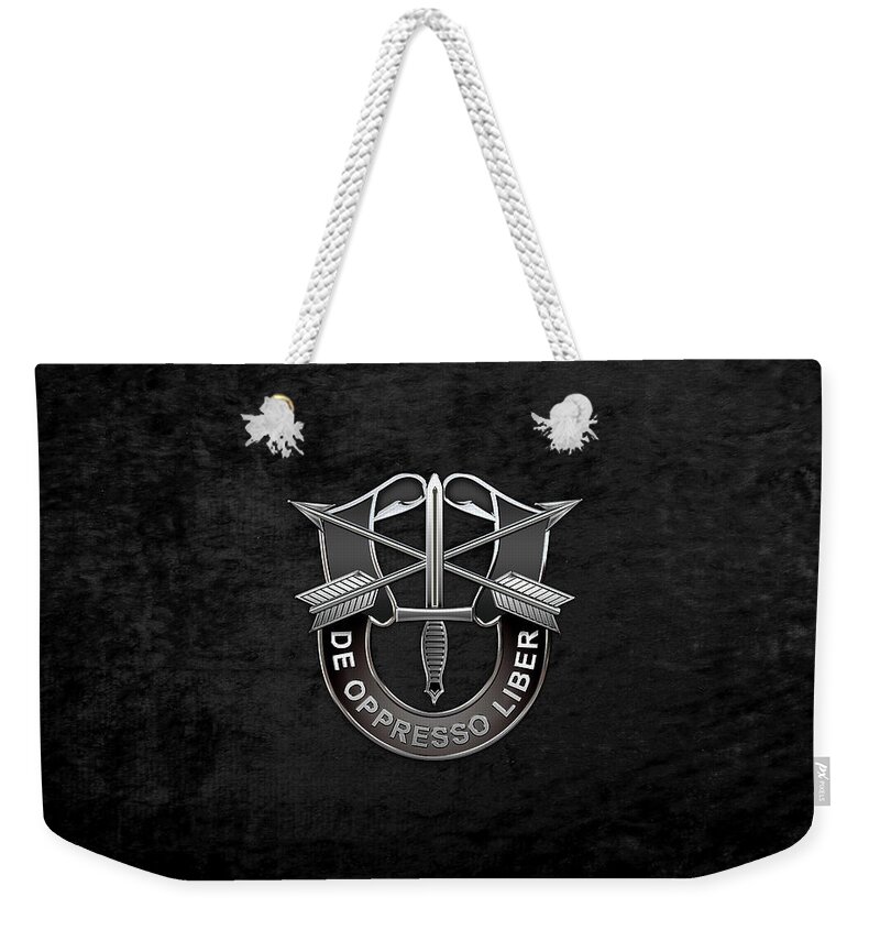 'military Insignia & Heraldry' Collection By Serge Averbukh Weekender Tote Bag featuring the digital art U. S. Army Special Forces - Green Berets D U I over Black Velvet by Serge Averbukh