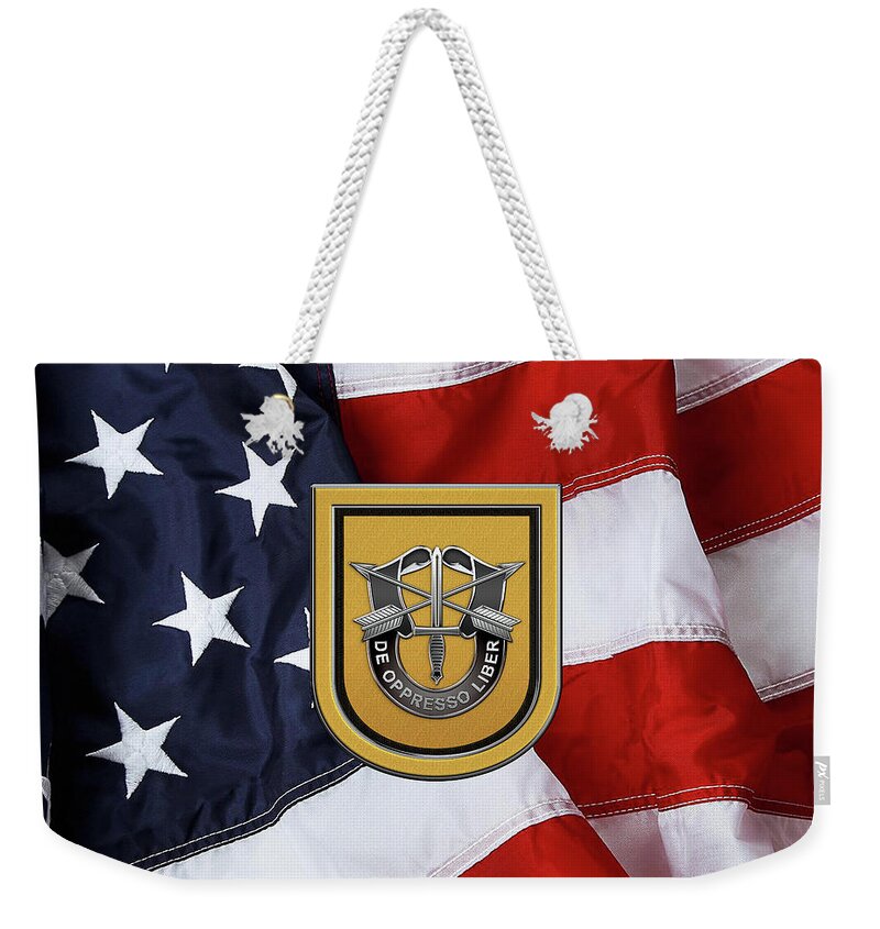'u.s. Army Special Forces' Collection By Serge Averbukh Weekender Tote Bag featuring the digital art U. S. Army 1st Special Forces Group - 1 S F G Beret Flash over American Flag by Serge Averbukh