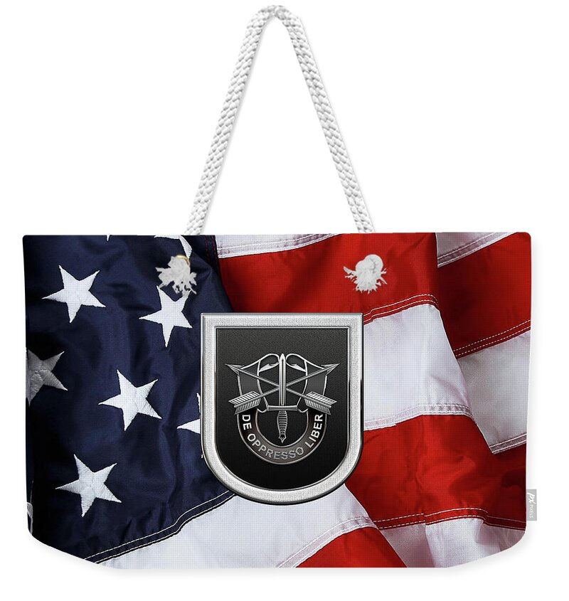 'u.s. Army Special Forces' Collection By Serge Averbukh Weekender Tote Bag featuring the digital art U. S. Army 5th Special Forces Group - 5 S F G Beret Flash over American Flag by Serge Averbukh