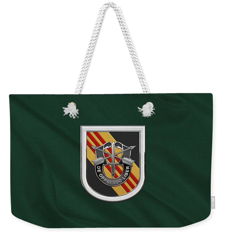 'u.s. Army Special Forces' Collection By Serge Averbukh Weekender Tote Bag featuring the digital art U. S. Army 5th Special Forces Group Vietnam - 5 S F G Beret Flash over Green Beret Felt by Serge Averbukh