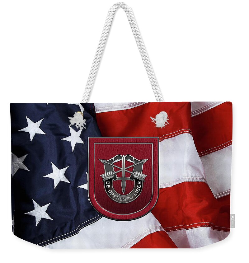 'u.s. Army Special Forces' Collection By Serge Averbukh Weekender Tote Bag featuring the digital art U. S. Army 7th Special Forces Group - 7 S F G Beret Flash over American Flag by Serge Averbukh