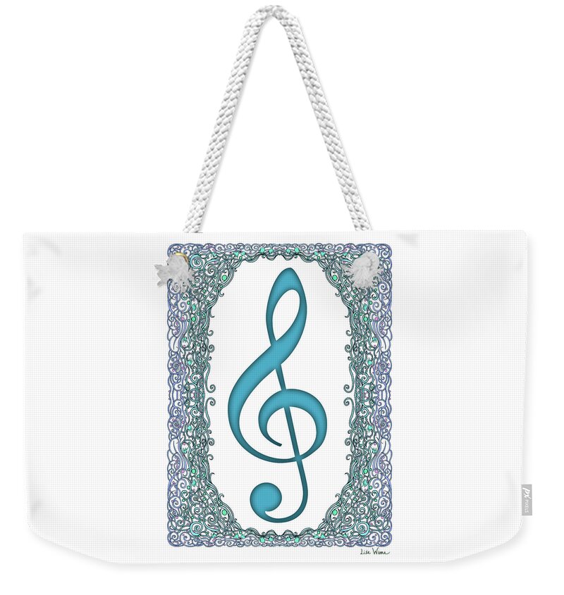 Lise Winne Weekender Tote Bag featuring the digital art Turquoise Treble Clef with Turquoise and Blue Border by Lise Winne