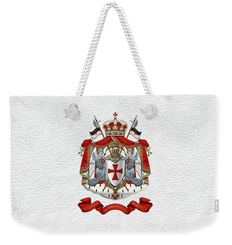 'ancient Brotherhoods' Collection By Serge Averbukh Weekender Tote Bag featuring the digital art Knights Templar - Coat of Arms over White Leather by Serge Averbukh