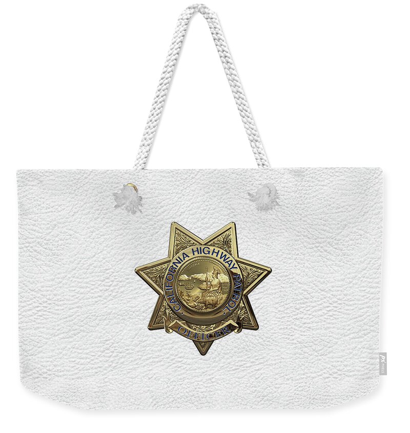 'law Enforcement Insignia & Heraldry' Collection By Serge Averbukh Weekender Tote Bag featuring the digital art California Highway Patrol - C H P Police Officer Badge over White Leather by Serge Averbukh