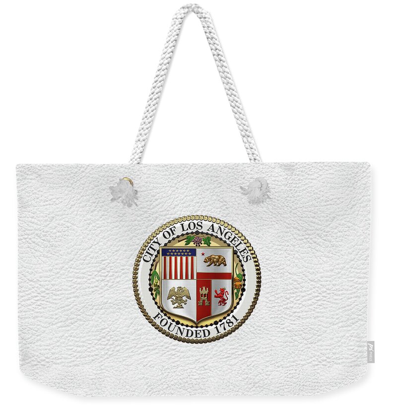 'cities Of The World' Collection By Serge Averbukh Weekender Tote Bag featuring the digital art Los Angeles City Seal over White Leather by Serge Averbukh
