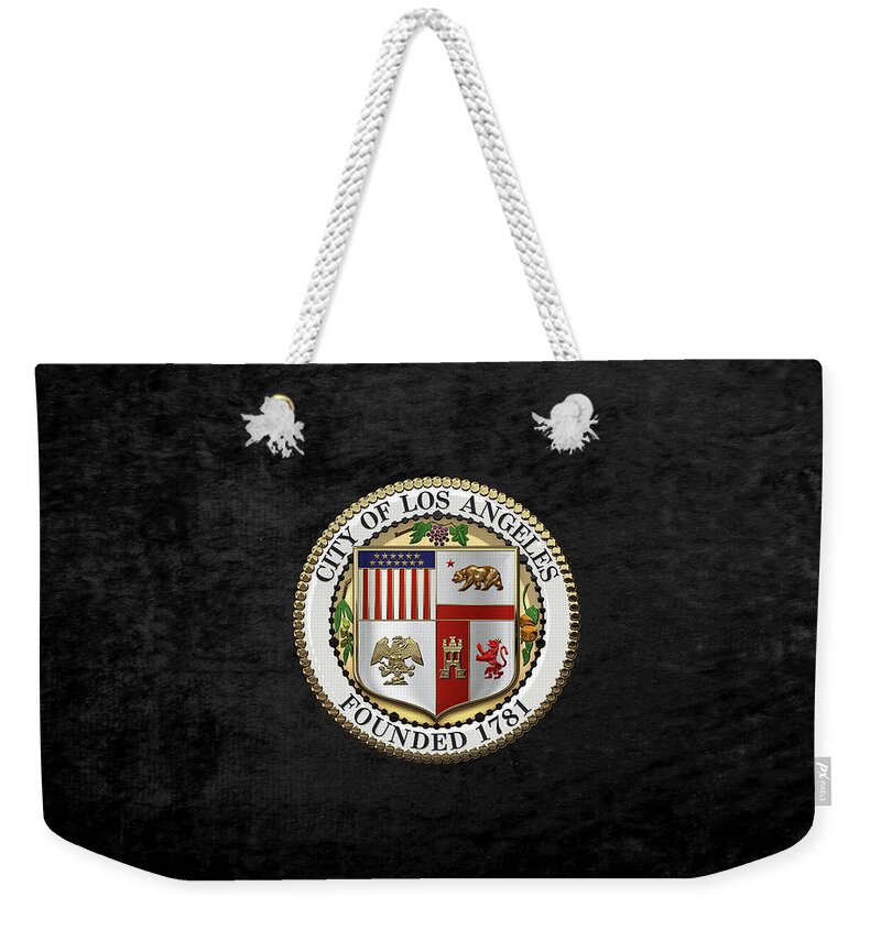 'cities Of The World' Collection By Serge Averbukh Weekender Tote Bag featuring the digital art Los Angeles City Seal over Black Velvet by Serge Averbukh
