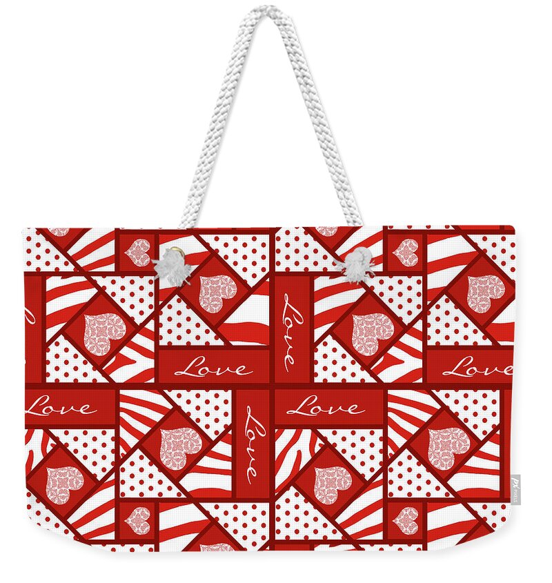 Valentine 4 Square Quilt Block Weekender Tote Bag featuring the digital art Valentine 4 Square Quilt Block by Two Hivelys