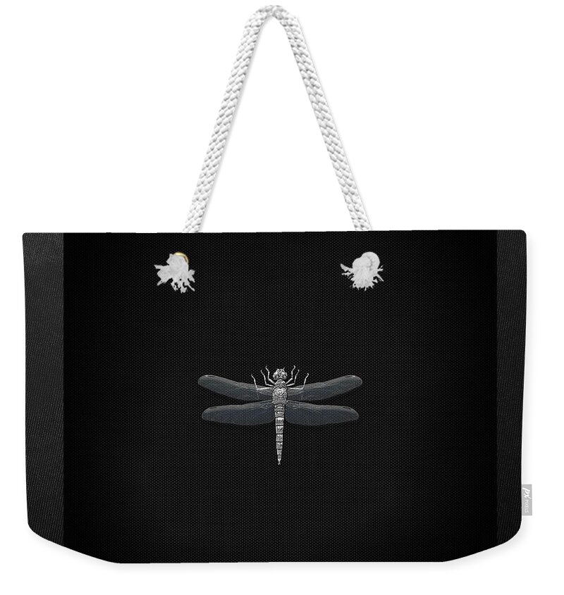 'beasts Creatures And Critters' Collection By Serge Averbukh Weekender Tote Bag featuring the digital art Silver Dragonfly on Black Canvas by Serge Averbukh