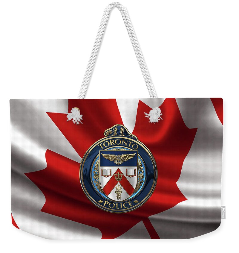 'law Enforcement Insignia & Heraldry' Collection By Serge Averbukh Weekender Tote Bag featuring the digital art Toronto Police Service - T P S Emblem over Canadian Flag by Serge Averbukh