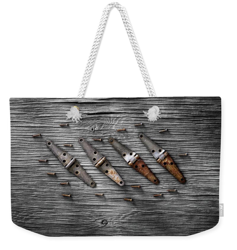 Art Weekender Tote Bag featuring the photograph Tools On Wood 48 on BW by YoPedro