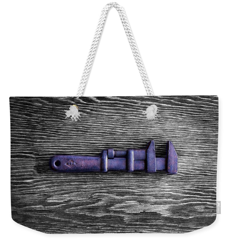 Antique Weekender Tote Bag featuring the photograph Tools On Wood 59 on BW by YoPedro