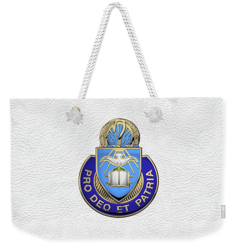 'military Insignia & Heraldry' Collection By Serge Averbukh Weekender Tote Bag featuring the digital art U.S. Army Chaplain Corps - Regimental Insignia over White Leather by Serge Averbukh