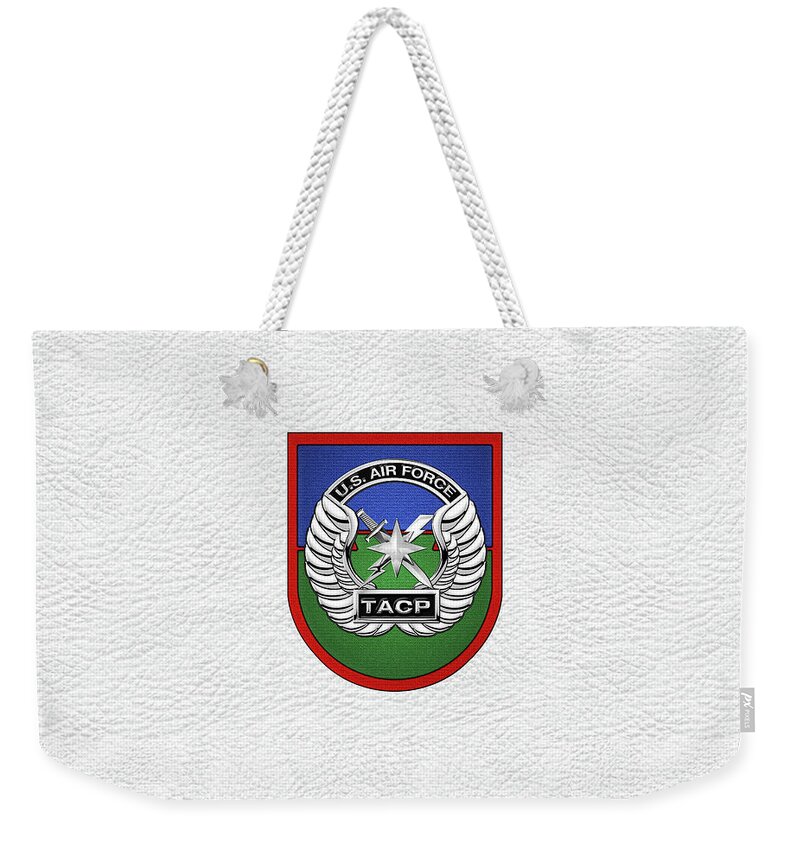 'military Insignia & Heraldry' Collection By Serge Averbukh Weekender Tote Bag featuring the digital art U. S. Air Force Tactical Air Control Party - T A C P Beret Flash With Crest over White Leather by Serge Averbukh