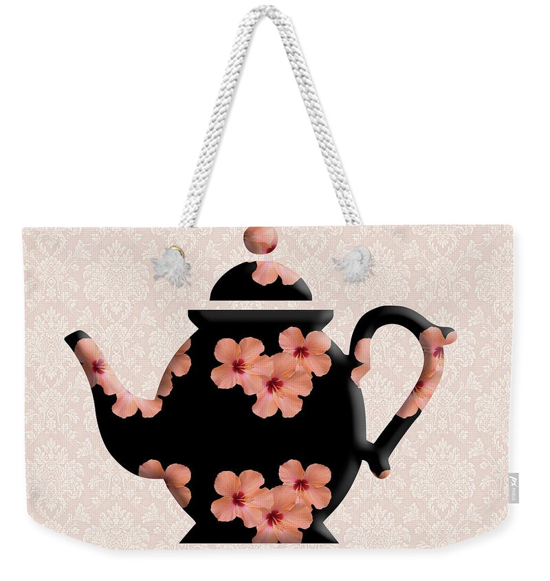 Hibiscus Weekender Tote Bag featuring the digital art Hibiscus Pattern Teapot by Anthony Murphy