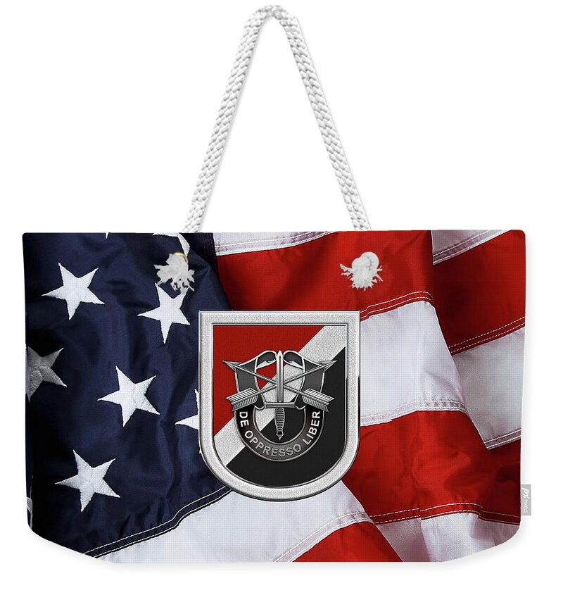 'u.s. Army Special Forces' Collection By Serge Averbukh Weekender Tote Bag featuring the digital art U. S. Army 6th Special Forces Group - 6th S F G Beret Flash over American Flag by Serge Averbukh