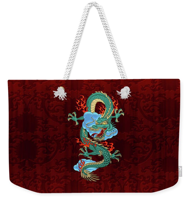 'treasures Of China' Collection By Serge Averbukh Weekender Tote Bag featuring the digital art The Great Dragon Spirits - Turquoise Dragon on Red Silk by Serge Averbukh
