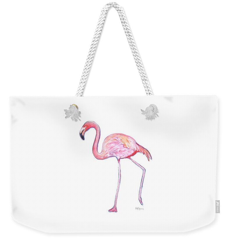 Pink Flamingo Weekender Tote Bag featuring the painting Pinky the Flamingo by Kristen Abrahamson