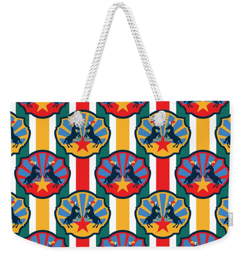 Animal Graphic Weekender Tote Bag featuring the digital art Plumed Circus Ponies Red Star on Gold by MM Anderson
