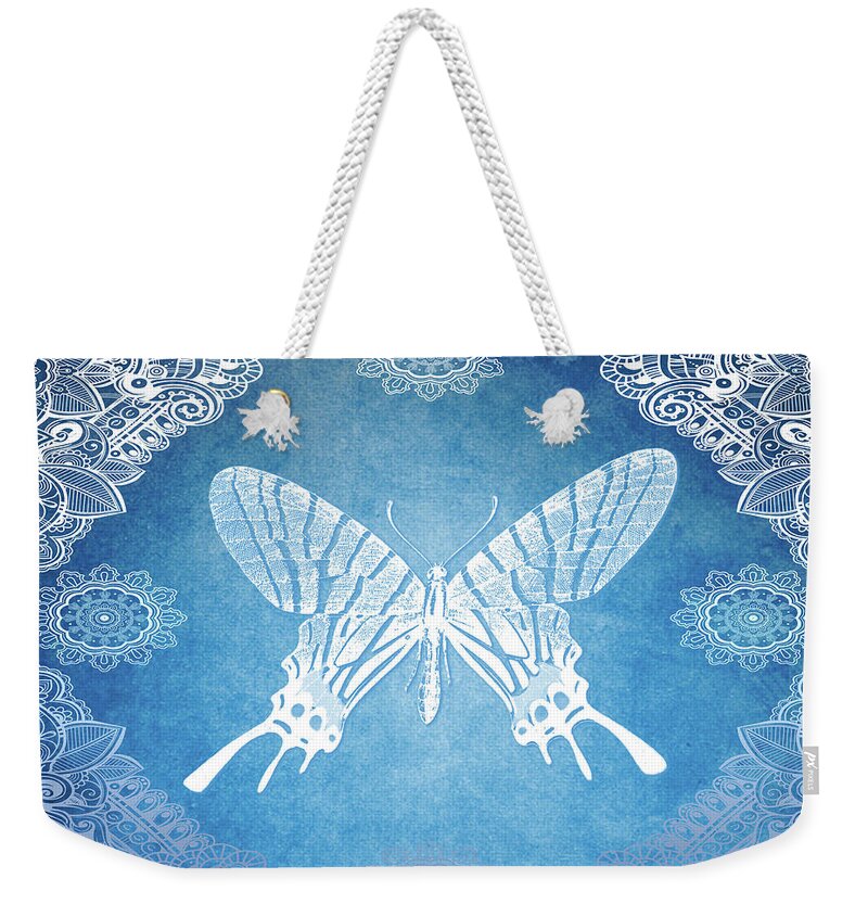 Bohemian Weekender Tote Bag featuring the mixed media Bohemian Ornamental Butterfly Deep Blue Ombre illustration by Sharon Mau