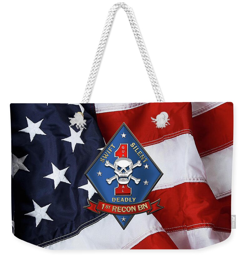 'military Insignia & Heraldry' Collection By Serge Averbukh Weekender Tote Bag featuring the digital art U S M C 1st Reconnaissance Battalion - 1st Recon Bn Insignia over American Flag by Serge Averbukh
