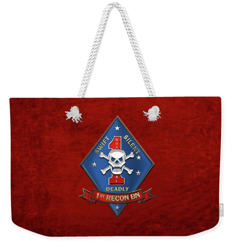 'military Insignia & Heraldry' Collection By Serge Averbukh Weekender Tote Bag featuring the digital art U S M C 1st Reconnaissance Battalion - 1st Recon Bn Insignia over Red Velvet by Serge Averbukh