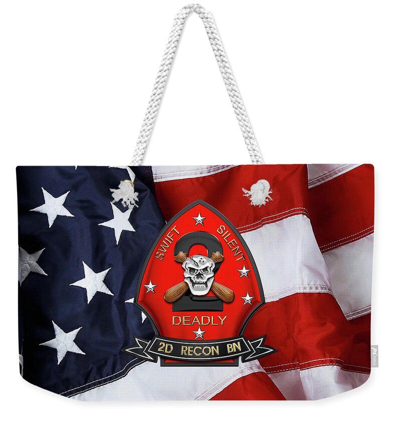 'military Insignia & Heraldry' Collection By Serge Averbukh Weekender Tote Bag featuring the digital art U S M C 2nd Reconnaissance Battalion - 2nd Recon Bn Insignia over American Flag by Serge Averbukh