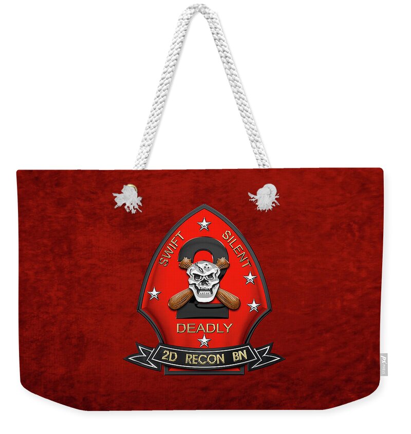 'military Insignia & Heraldry' Collection By Serge Averbukh Weekender Tote Bag featuring the digital art U S M C 2nd Reconnaissance Battalion - 2nd Recon Bn Insignia over Red Velvet by Serge Averbukh