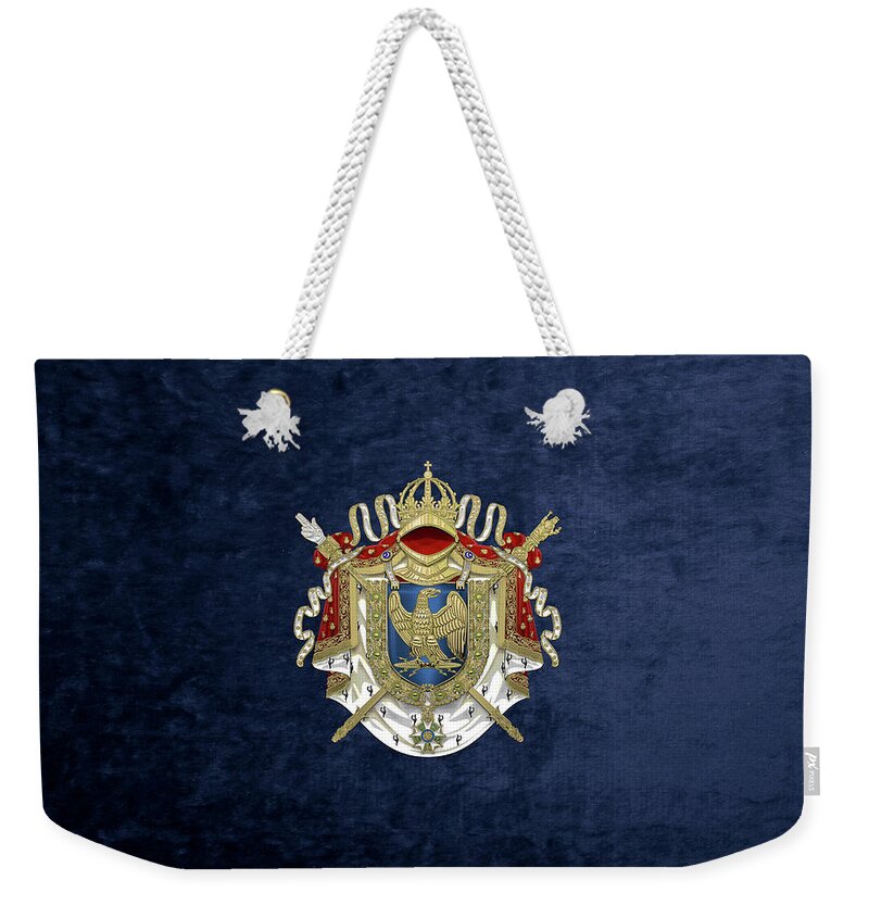 'napoleon Bonaparte' Collection By Serge Averbukh Weekender Tote Bag featuring the digital art Greater Coat of Arms of the First French Empire over Blue Velvet by Serge Averbukh