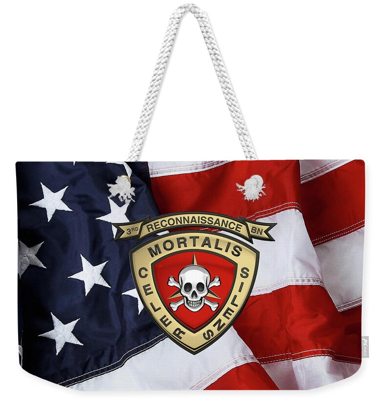 'military Insignia & Heraldry' Collection By Serge Averbukh Weekender Tote Bag featuring the digital art U S M C 3rd Reconnaissance Battalion - 3rd Recon Bn Insignia over American Flag by Serge Averbukh