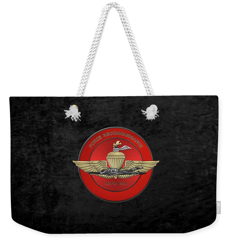 'military Insignia & Heraldry' Collection By Serge Averbukh Weekender Tote Bag featuring the digital art Marine Force Reconnaissance - U S M C  F O R E C O N Insignia over Black Velvet by Serge Averbukh