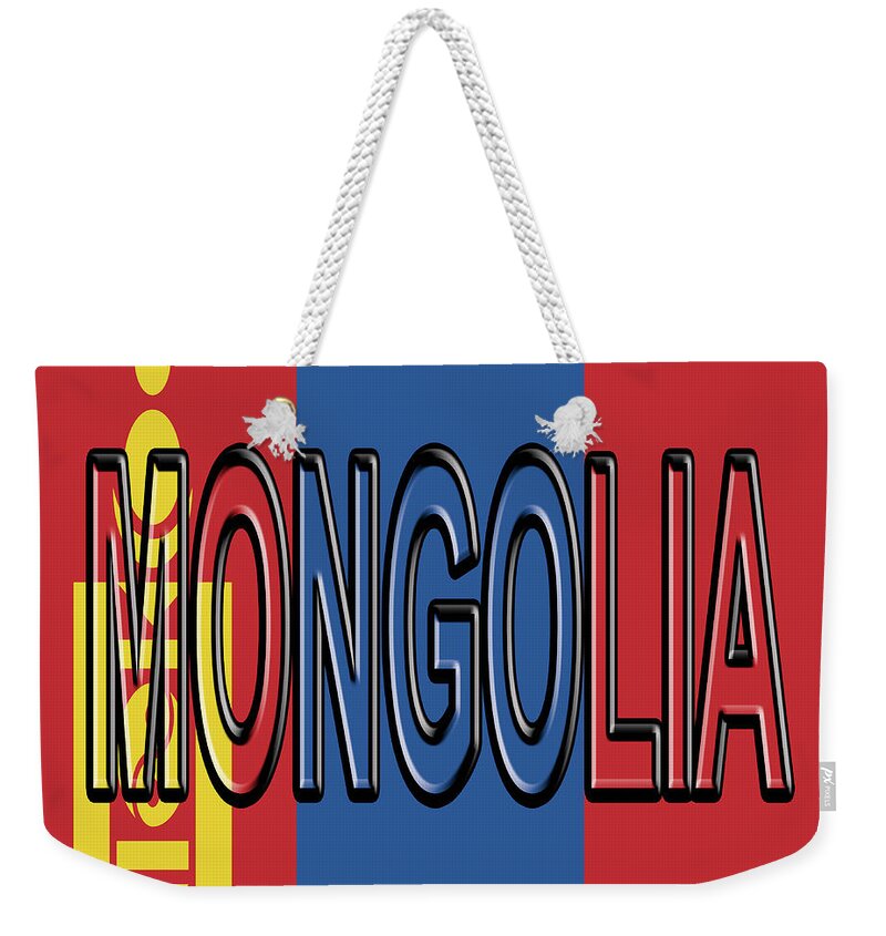 Asia Weekender Tote Bag featuring the digital art Flag of Mongolia Word. by Roy Pedersen