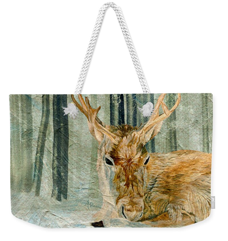 Deer Weekender Tote Bag featuring the painting Reindeer In The Forest by Angeles M Pomata