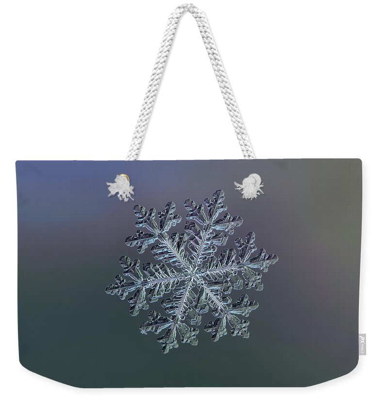 Snowflake Weekender Tote Bag featuring the photograph Real snowflake - Hyperion dark by Alexey Kljatov