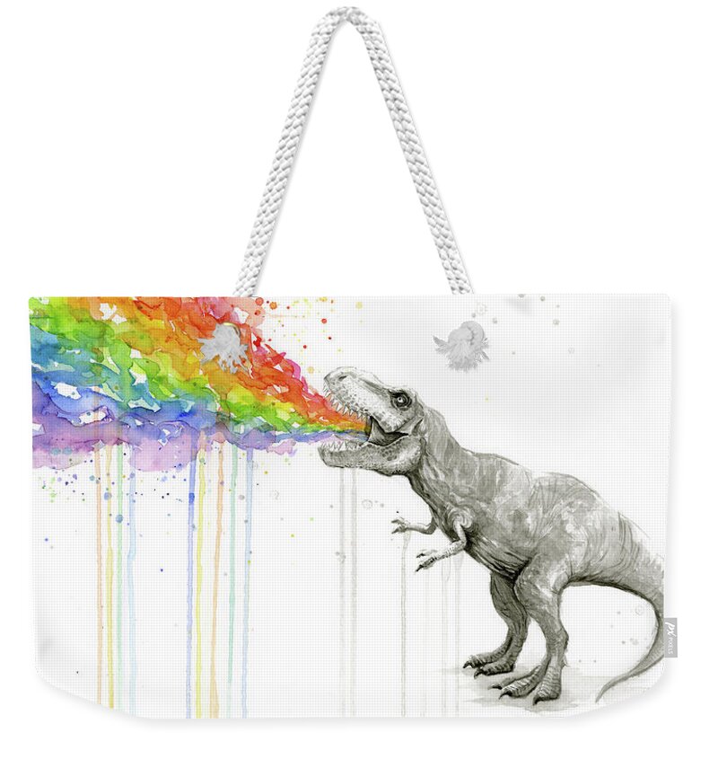 T-rex Weekender Tote Bag featuring the painting T-Rex Tastes the Rainbow by Olga Shvartsur