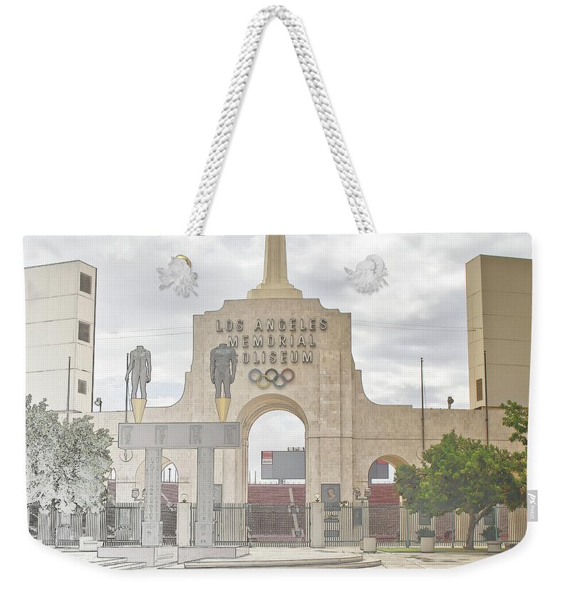 Los Angeles Weekender Tote Bag featuring the digital art Los Angeles Memorial Coliseum by Anthony Murphy
