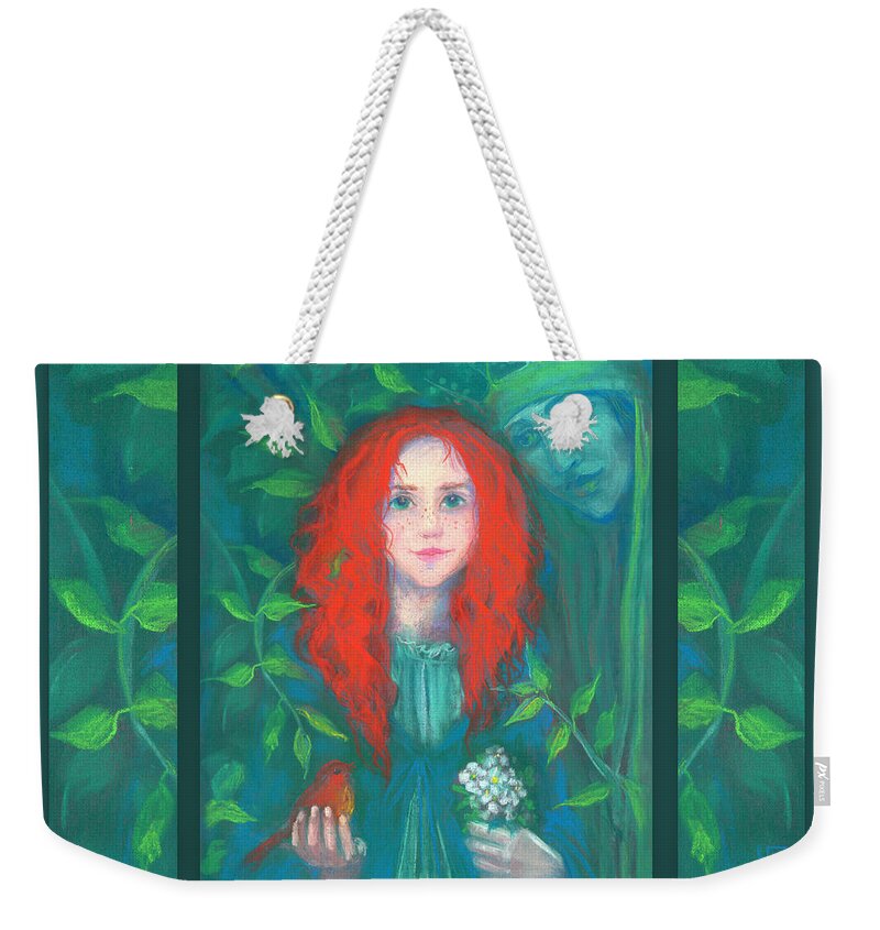 Red Hair Haired Weekender Tote Bag featuring the painting Child of the forest by Julia Khoroshikh