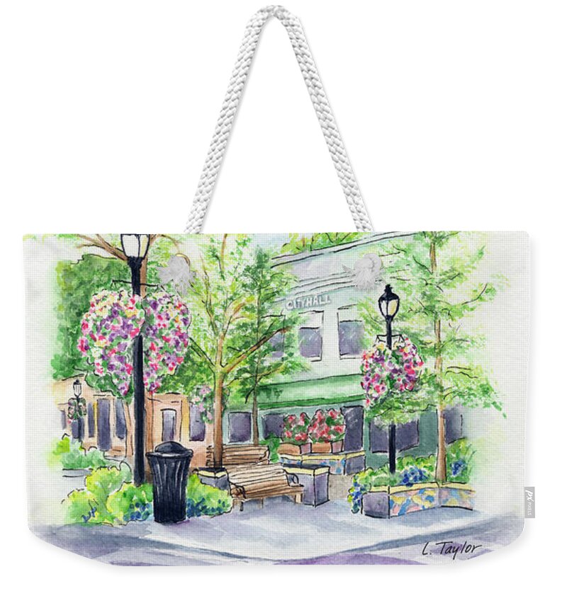 Small Town Weekender Tote Bag featuring the painting Across the Plaza by Lori Taylor