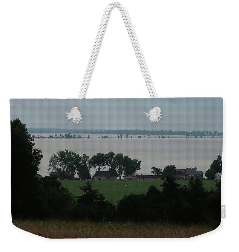 Colchester Bicycle Causeway Weekender Tote Bag featuring the photograph Colchester Bicycle Causeway Gap from Fox Hill at Snow Farm Vineyard Vermont by Felipe Adan Lerma