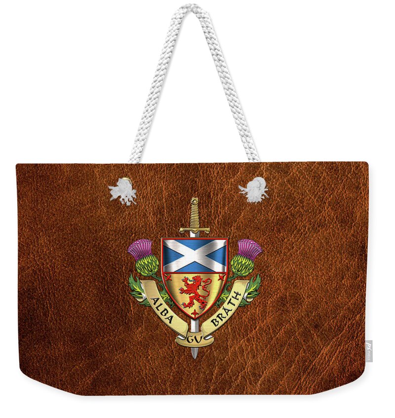 “world Heraldry” Collection Serge Averbukh Weekender Tote Bag featuring the digital art Scotland Forever - Alba Gu Brath - Symbols of Scotland over Brown Leather by Serge Averbukh