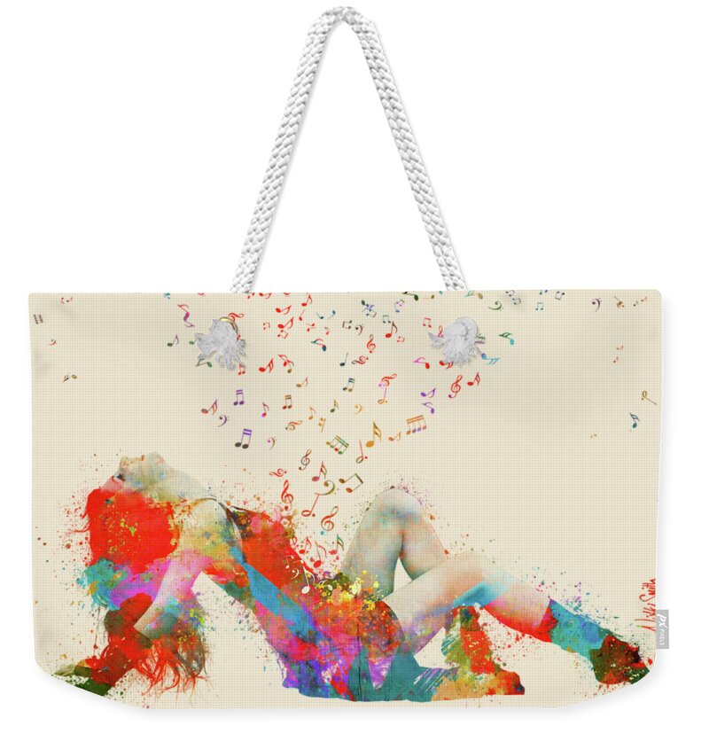 Song Weekender Tote Bag featuring the digital art Sweet Jenny Bursting with Music by Nikki Smith