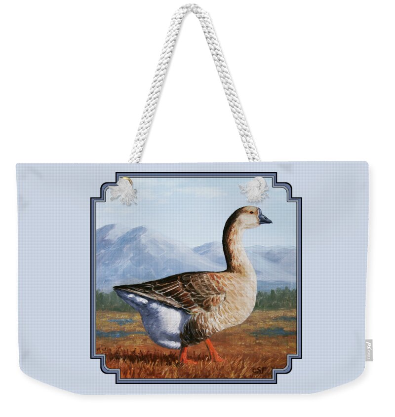 Bird Weekender Tote Bag featuring the painting Brown Chinese Goose by Crista Forest
