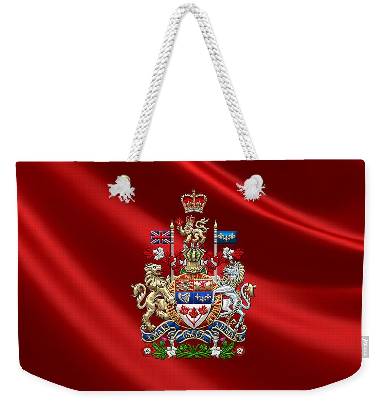 'world Heraldry' Collection By Serge Averbukh Weekender Tote Bag featuring the digital art Canada Coat of Arms over Red Silk by Serge Averbukh
