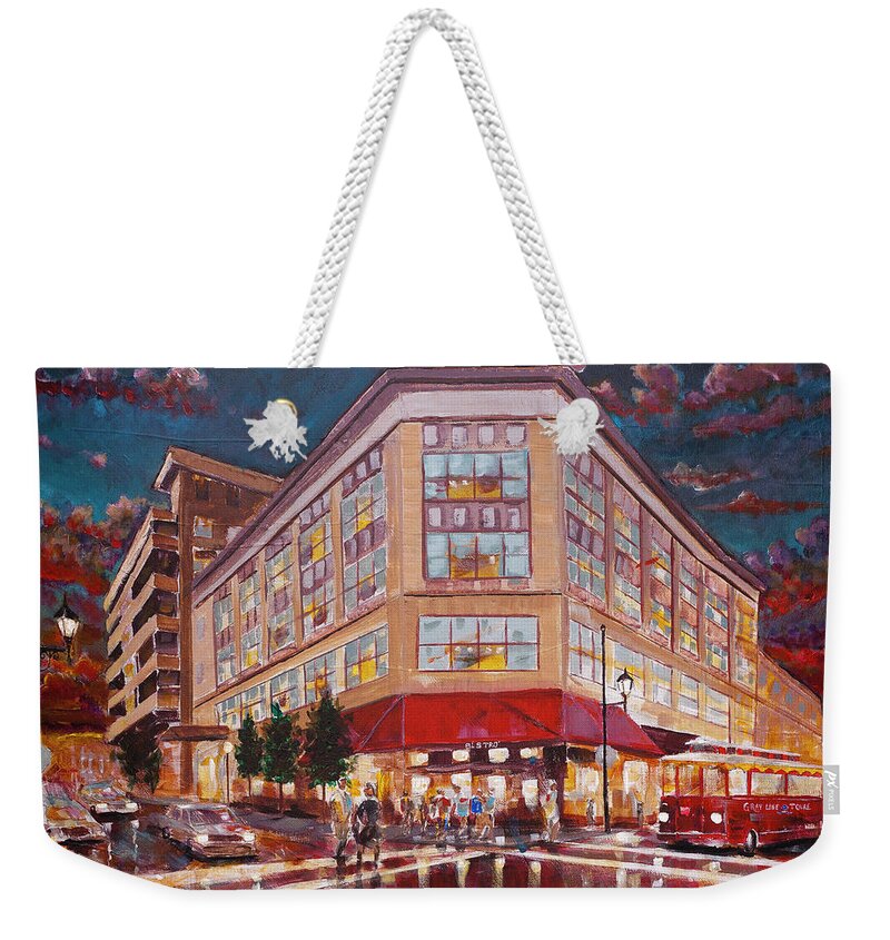 Asheville Weekender Tote Bag featuring the painting Asheville Cityscape at Battery Park Haywood Park Hotel by Gray Artus