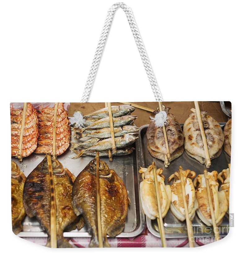 Asia Weekender Tote Bag featuring the photograph Asian Grilled Barbecued Seafood In Kep Market Cambodia by JM Travel Photography