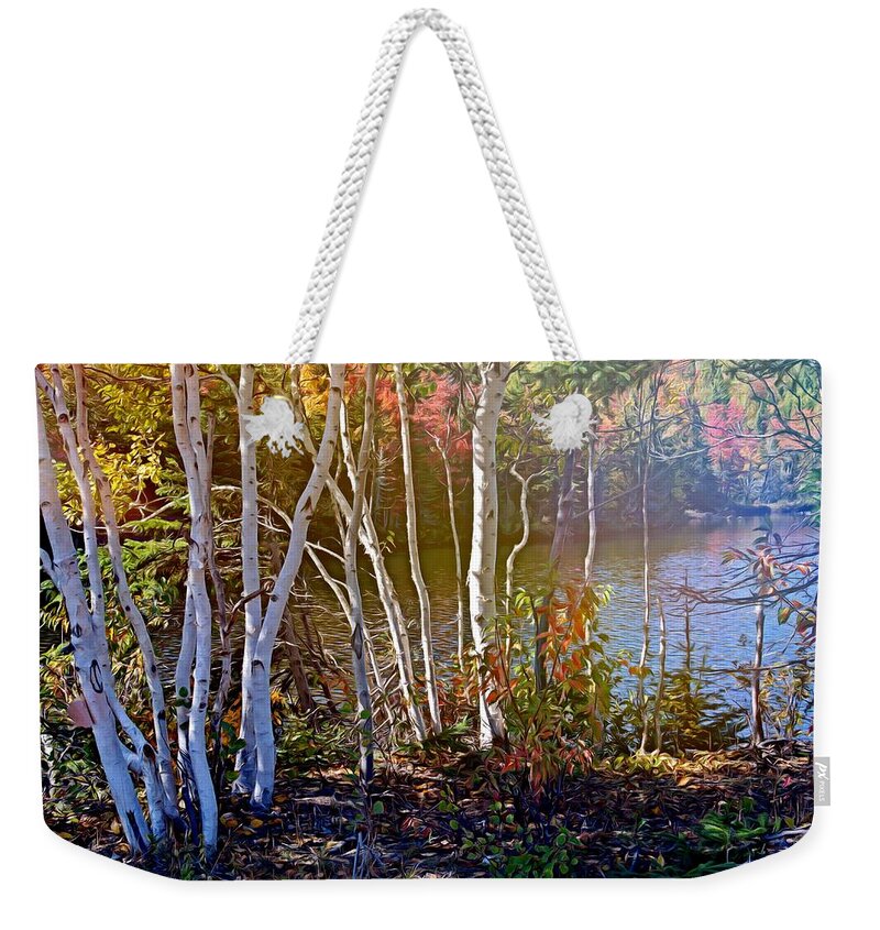 Trees Weekender Tote Bag featuring the mixed media Aspen trees in the fall by Tatiana Travelways