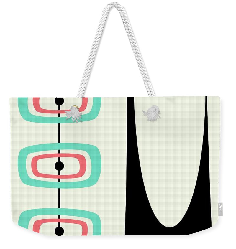 Mid Century Modern Weekender Tote Bag featuring the digital art Atomic Cat Orbs Aqua and Pink on Cream by Donna Mibus